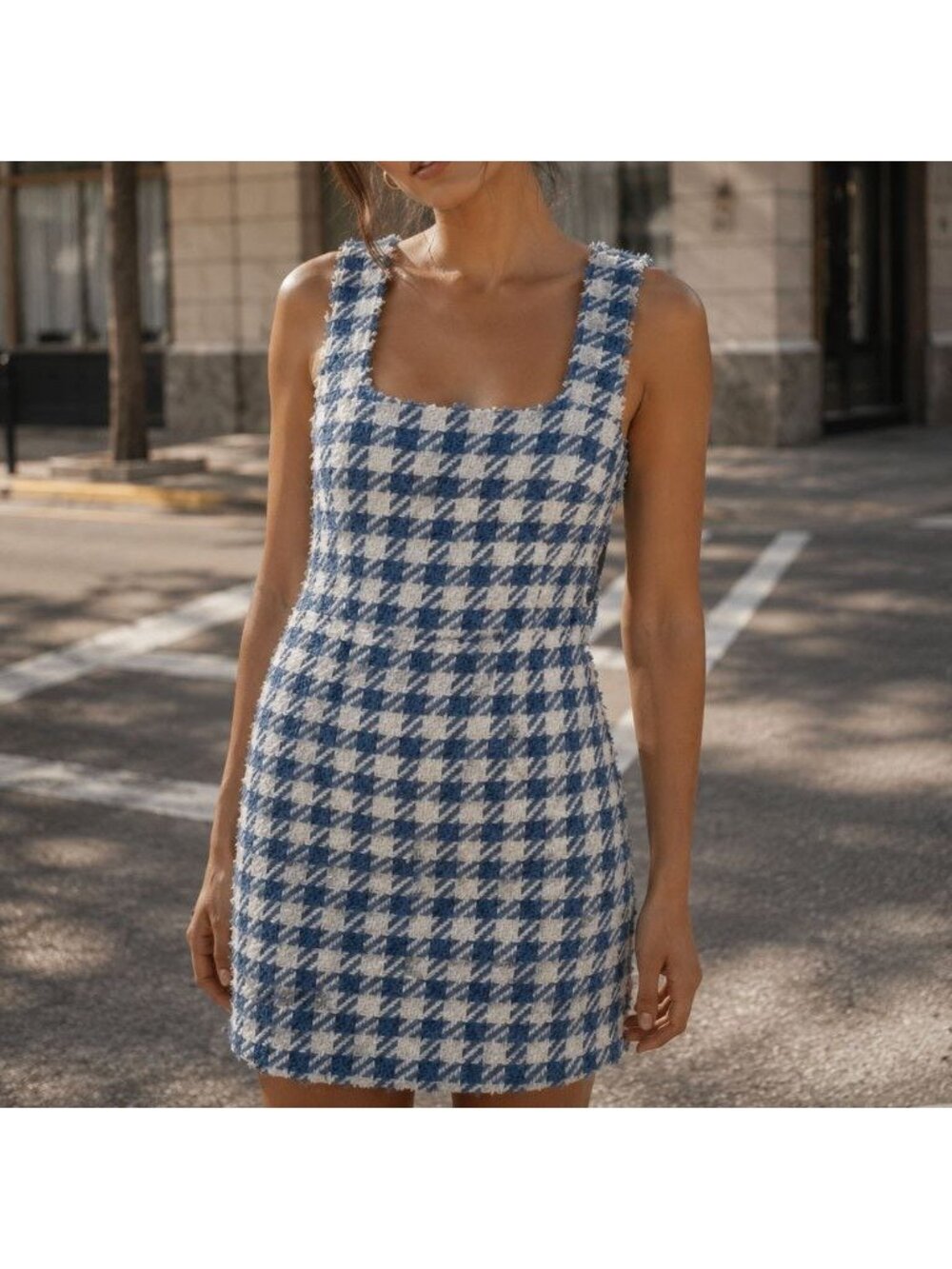 Ann Taylor Tweed Square Neck Sheath Dress Size 2 Blue White